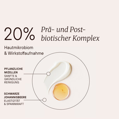 20 % Prä- und Postbiotika-Komplex für Hautmikrobiom und Wirkstoffaufnahme.