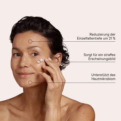 Gesicht mit Hinweisen zur Wirkung der Fermented Firming Eye Cream